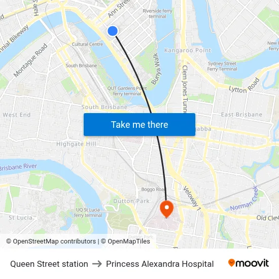 Queen Street station to Princess Alexandra Hospital map