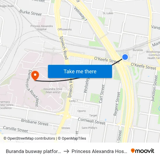 Buranda busway platform 2 to Princess Alexandra Hospital map
