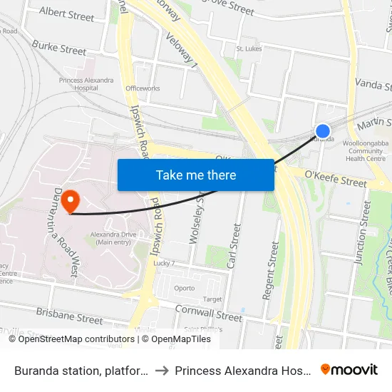 Buranda station, platform 2 to Princess Alexandra Hospital map