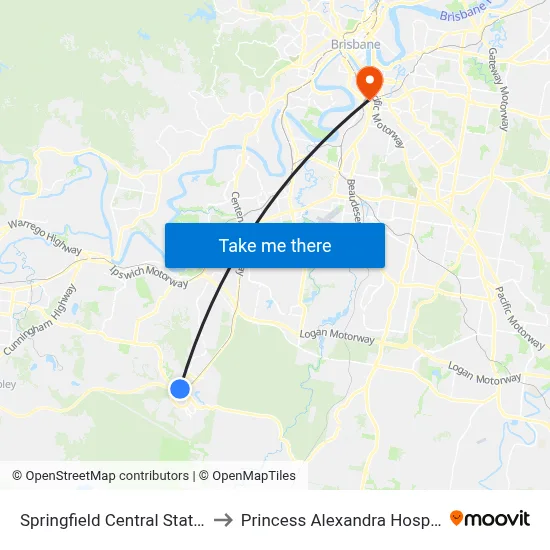 Springfield Central Station to Princess Alexandra Hospital map