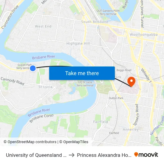 University of Queensland Union to Princess Alexandra Hospital map