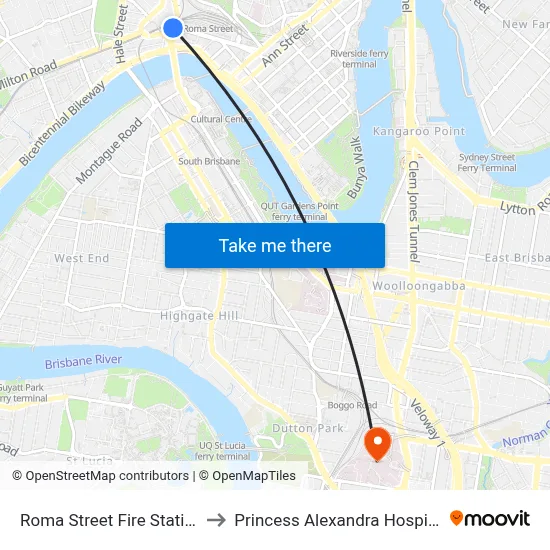 Roma Street Fire Station to Princess Alexandra Hospital map