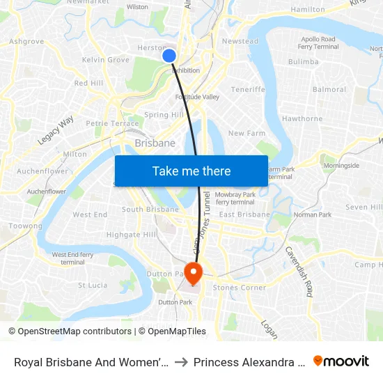 Royal Brisbane And Women’S Hospital to Princess Alexandra Hospital map