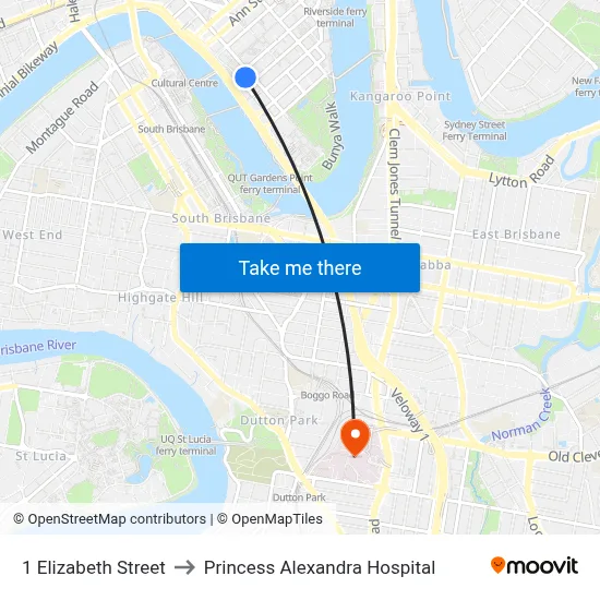 1 Elizabeth Street to Princess Alexandra Hospital map