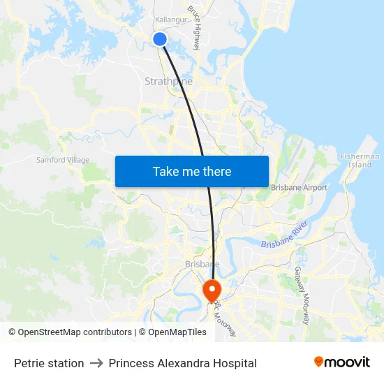 Petrie station to Princess Alexandra Hospital map