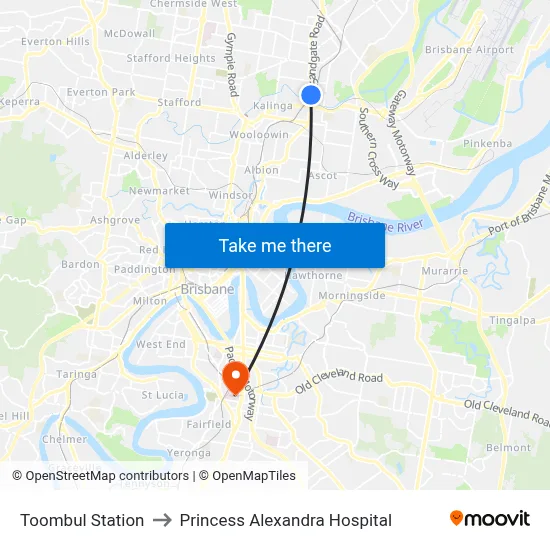 Toombul Station to Princess Alexandra Hospital map
