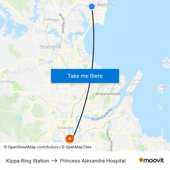 Kippa-Ring Station to Princess Alexandra Hospital map