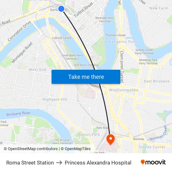 Roma Street Station to Princess Alexandra Hospital map