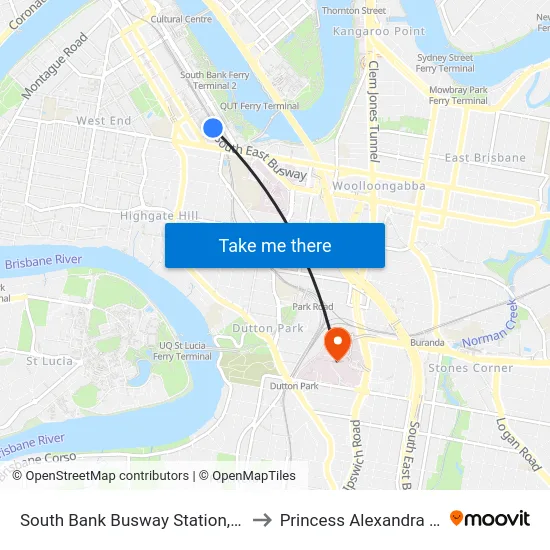 South Bank Busway Station, Platform 2 to Princess Alexandra Hospital map