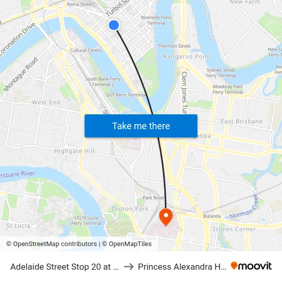 Adelaide Street Stop 20 at City Hall to Princess Alexandra Hospital map