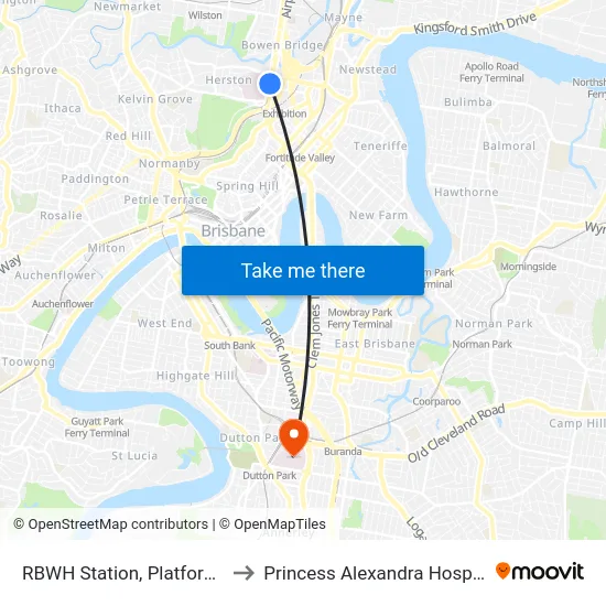RBWH Station, Platform 1 to Princess Alexandra Hospital map