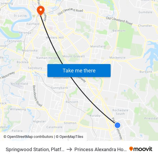 Springwood Station, Platform 1 to Princess Alexandra Hospital map