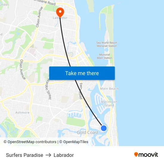 Surfers Paradise to Labrador map