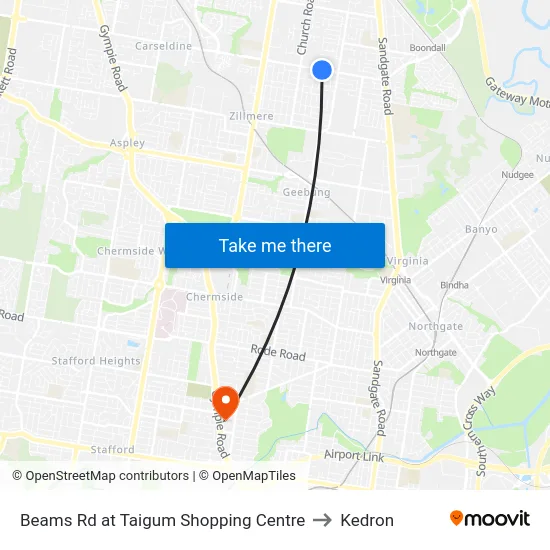 Beams Rd at Taigum Shopping Centre to Kedron map