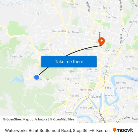 Waterworks Rd at Settlement Road, Stop 36 to Kedron map