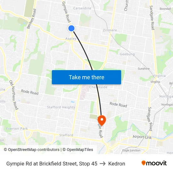 Gympie Rd at Brickfield Street, Stop 45 to Kedron map