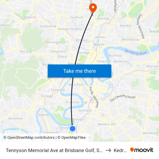 Tennyson Memorial Ave at Brisbane Golf, Stop 36 to Kedron map