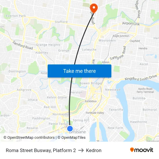 Roma Street Busway, Platform 2 to Kedron map