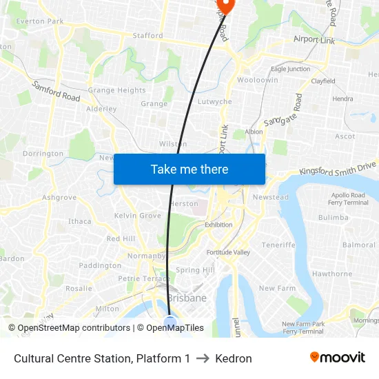 Cultural Centre Station, Platform 1 to Kedron map