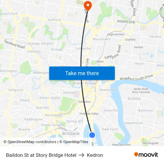 Baildon St at Story Bridge Hotel to Kedron map