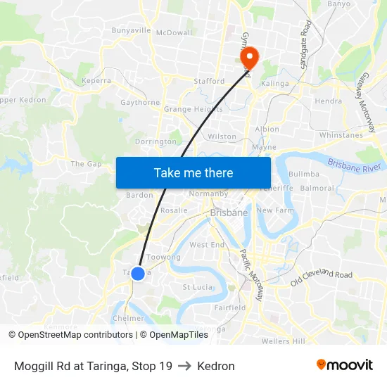 Moggill Rd at Taringa, Stop 19 to Kedron map