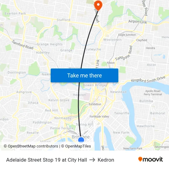 Adelaide Street Stop 19 at City Hall to Kedron map