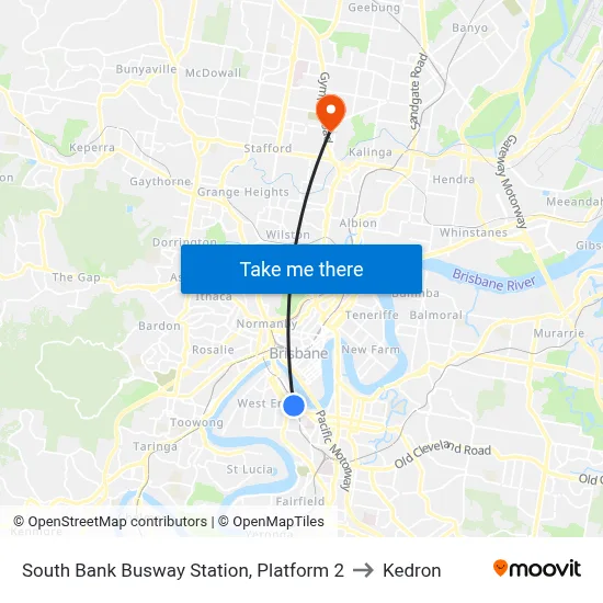 South Bank Busway Station, Platform 2 to Kedron map