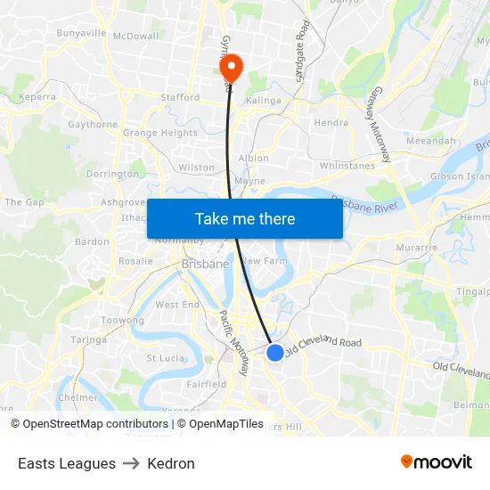 Easts Leagues to Kedron map