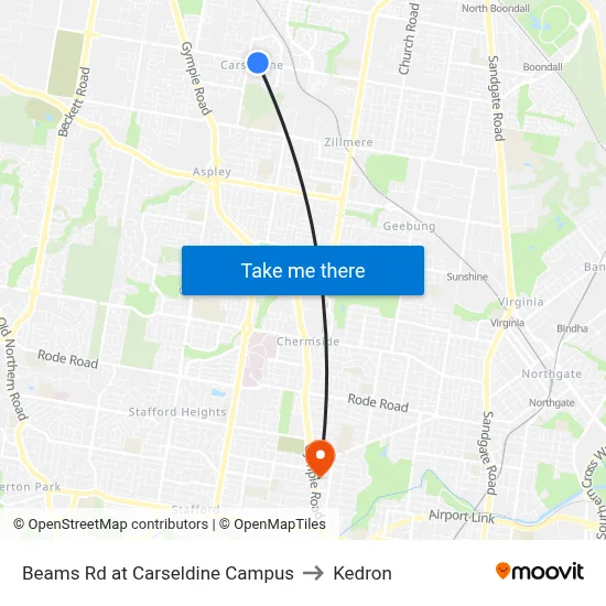 Beams Rd at Carseldine Campus to Kedron map
