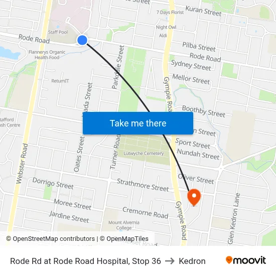 Rode Rd at Rode Road Hospital, Stop 36 to Kedron map