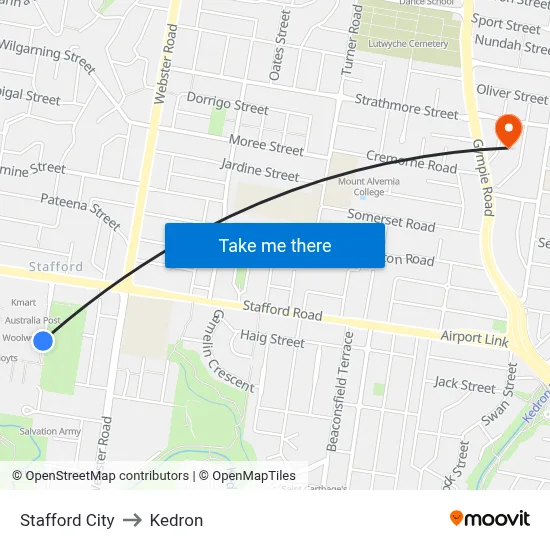 Stafford City to Kedron map