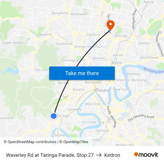 Waverley Rd at Taringa Parade, Stop 27 to Kedron map