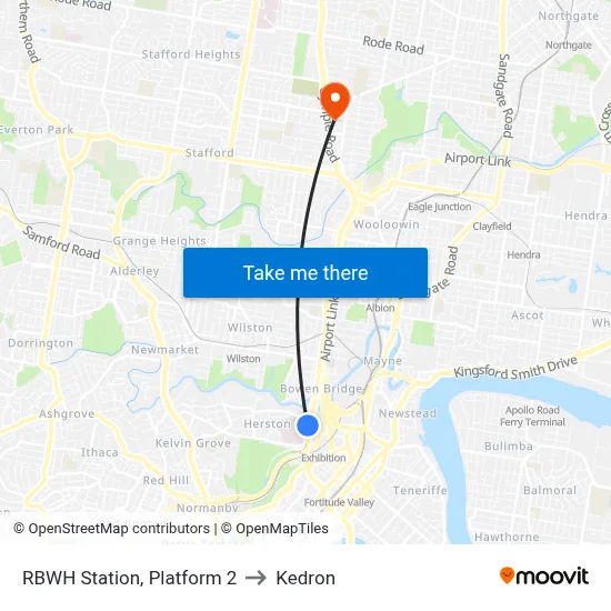 RBWH Station, Platform 2 to Kedron map