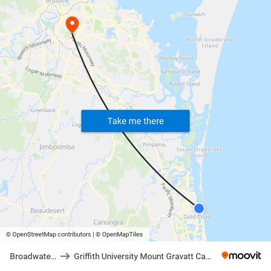 Broadwater Parklands Station to Griffith University Mount Gravatt Campus (Queensland Institute Of Business And Technology) map