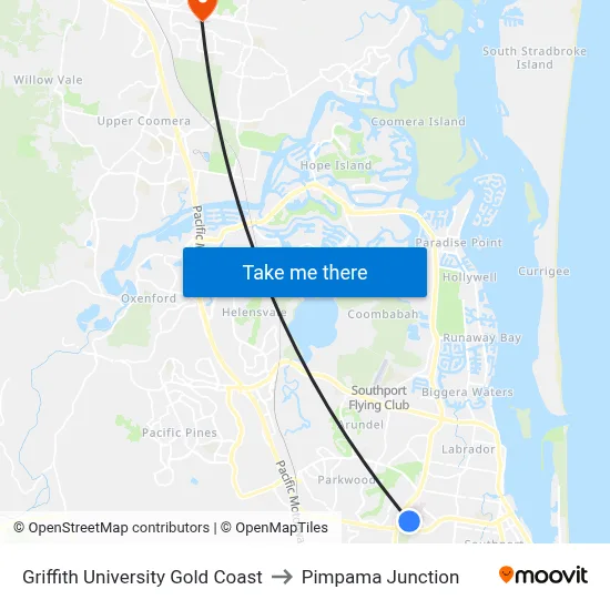 Griffith University Gold Coast to Pimpama Junction map