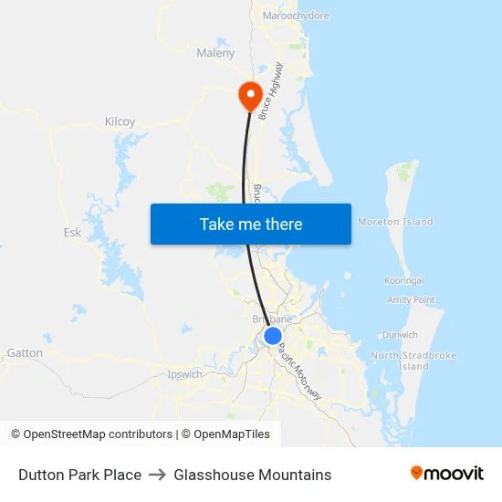 Dutton Park Place to Glasshouse Mountains map
