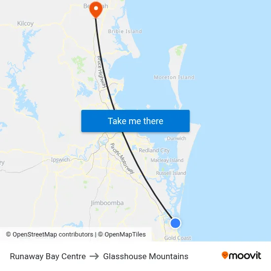 Runaway Bay Centre to Glasshouse Mountains map