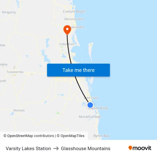 Varsity Lakes Station to Glasshouse Mountains map