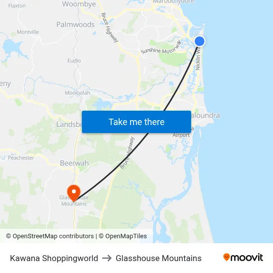 Kawana Shoppingworld to Glasshouse Mountains map