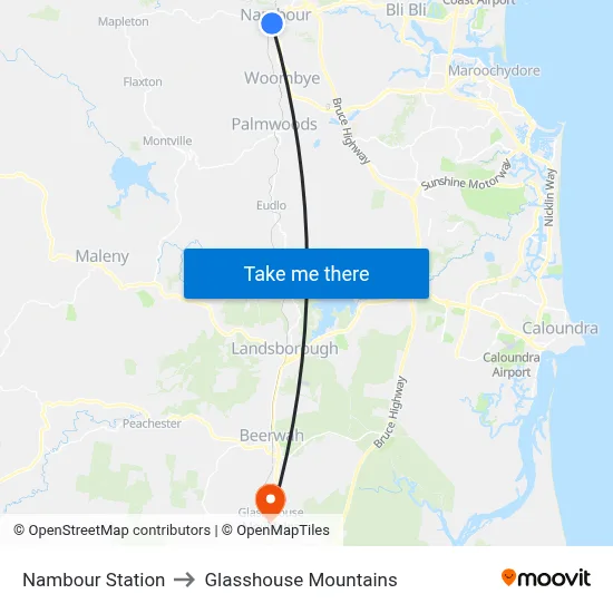 Nambour Station to Glasshouse Mountains map