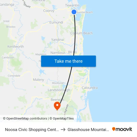 Noosa Civic Shopping Centre to Glasshouse Mountains map