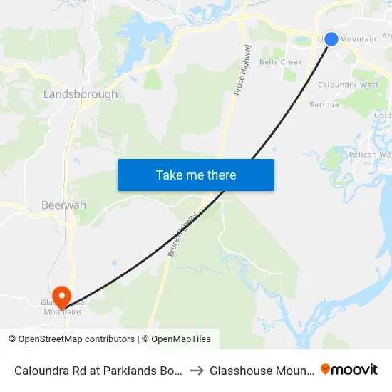 Caloundra Rd at Parklands Boulevard to Glasshouse Mountains map