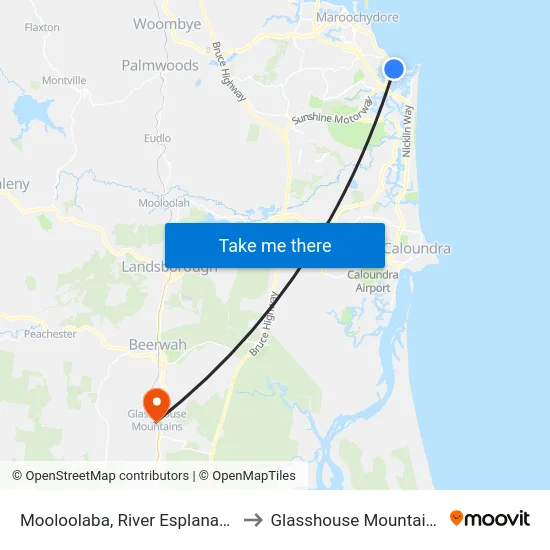 Mooloolaba, River Esplanade to Glasshouse Mountains map