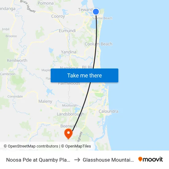 Noosa Pde at Quamby Place to Glasshouse Mountains map