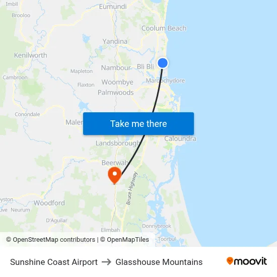 Sunshine Coast Airport to Glasshouse Mountains map