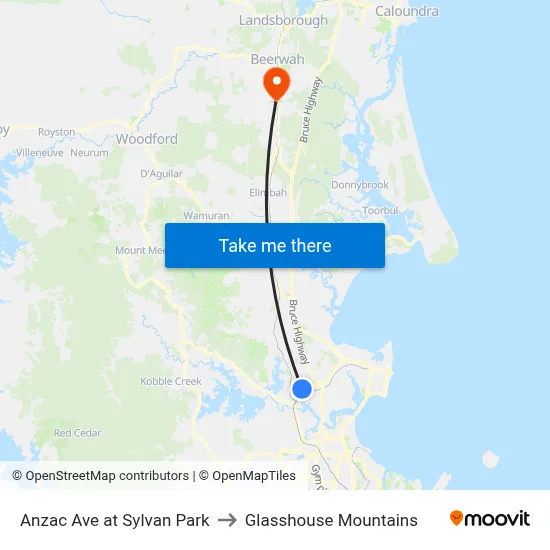 Anzac Ave at Sylvan Park to Glasshouse Mountains map