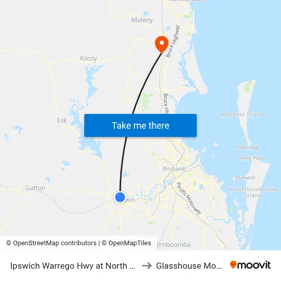 Ipswich Warrego Hwy at North High Street to Glasshouse Mountains map