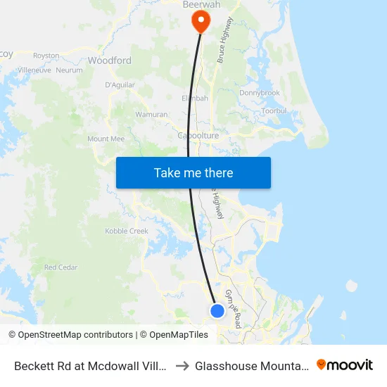 Beckett Rd at Mcdowall Village to Glasshouse Mountains map