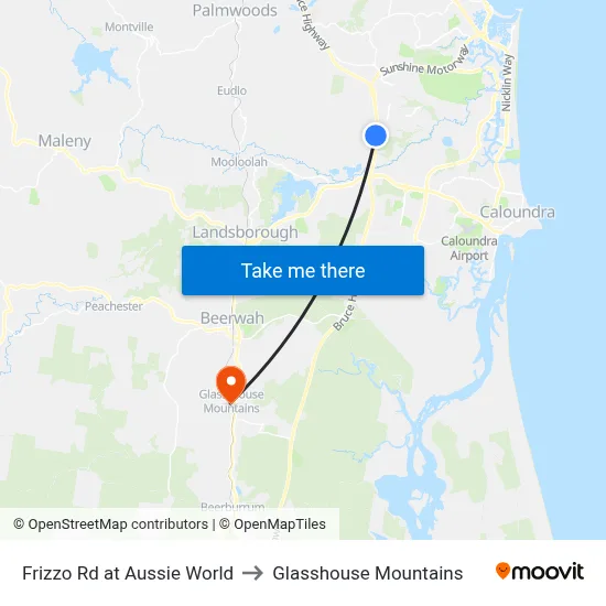 Frizzo Rd at Aussie World to Glasshouse Mountains map