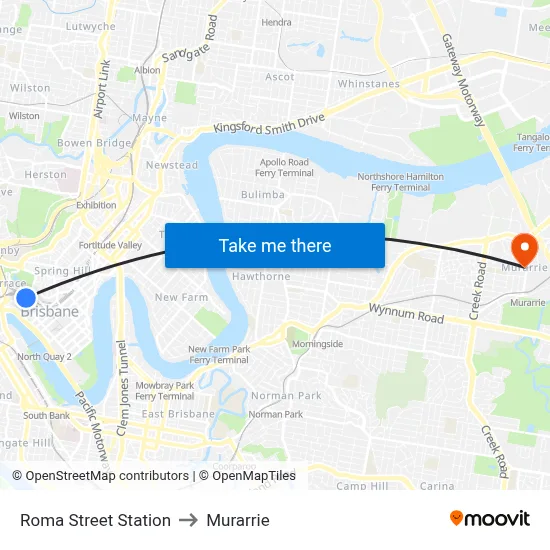 Roma Street Station to Murarrie map
